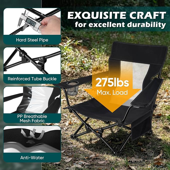HaSteeL Low Beach Chair Set of 2, Foldable Black Camping Chair with Adjustable Umbrella Set for Adults, Lightweight Portable Lawn Chairs for Fishing, Picnic, Outdoor BBQ, Travel, Sports - Image 3