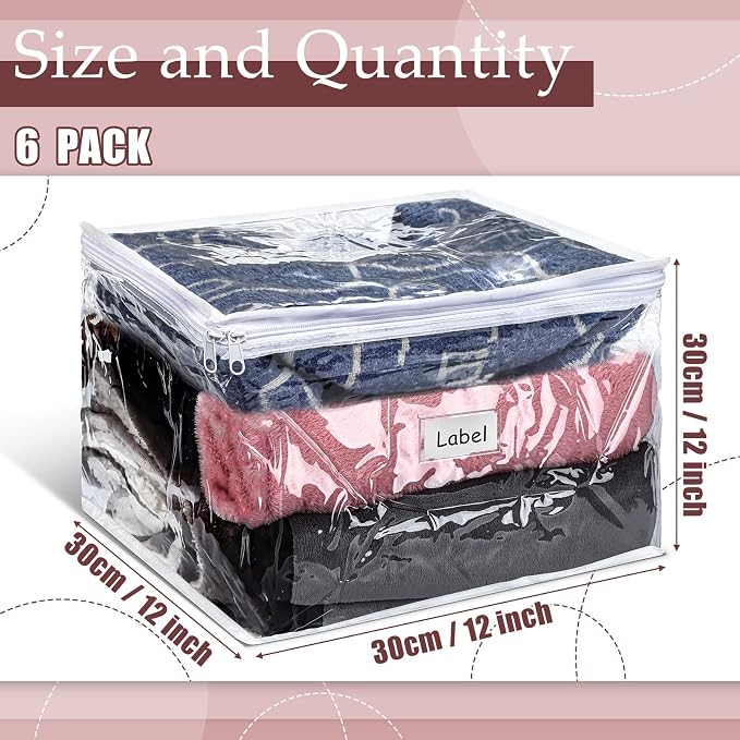Hoolerry 6pcs Clear Zippered Storage Bag Plastic Individual Sweater Storage Bag with Zipper Label Closet Clothing Organizer for Blanket Clothes Bed Sheet Comforter Quilt Pillow(12 x 12 x 12 Inch) - Image 3