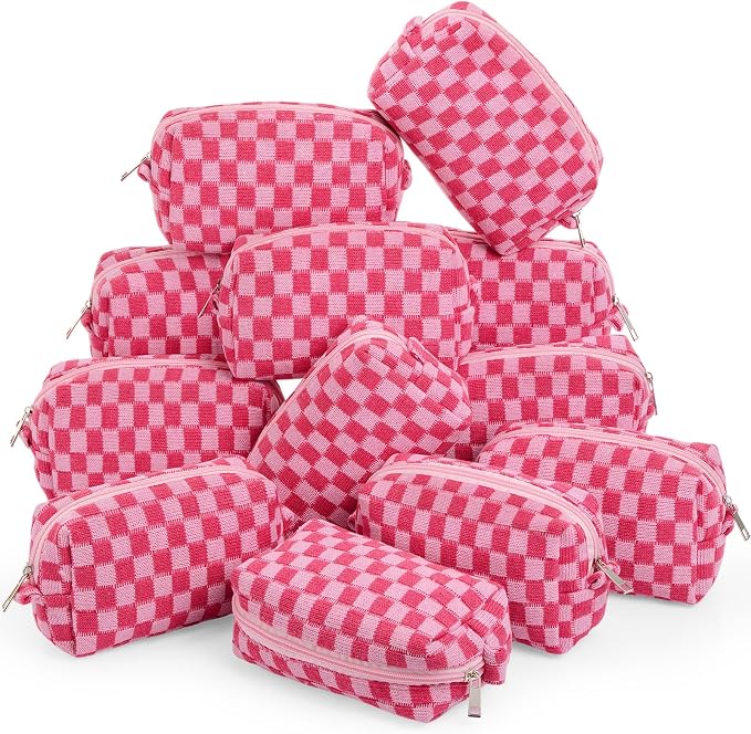 Gilprop 12 Pcs Checkered Makeup Bag for Purse Small Cosmetic Pouch Bulk Portable Zipper Makeup Pouch Travel Toiletry Organizer Gifts for Women Bridesmaid Wedding Party Favors (Hot Pink) by Gilprop