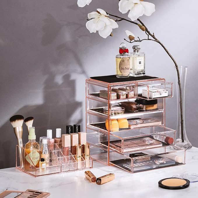 Sorbus Acrylic Makeup Organizer Set, 6-Drawer Vanity & Countertop Cosmetic Storage with Small & Wide Compartments, Pink Makeup Storage for Brushes, Jewelry – Holiday Gift for Women & Teens - Image 2