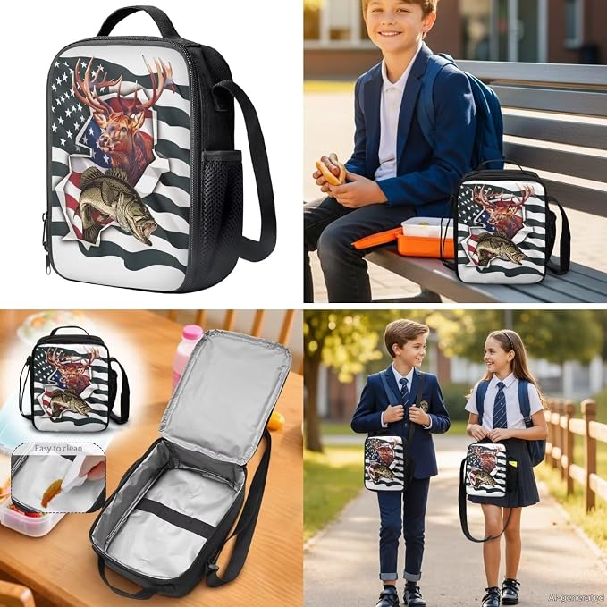 GIFTPUZZ 4-in-1 Camo Fish American Flag Kids Backpack Set | Patriotic School Bookbag with Lunch Box for Elementary Boys, Zippered Pencil Case, Water Bottle Holder, Ages 6-8 - Image 4