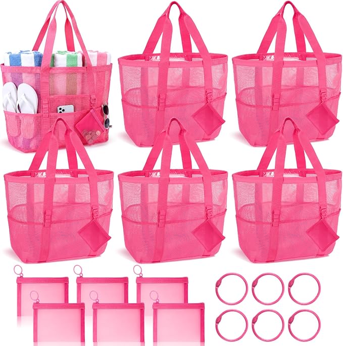 Hillban Large Mesh Beach Bag Bulk for Women Waterproof Sandproof Pool Tote Bag with 8 Pocket Small Zipper Pouch with Ring by Hillban