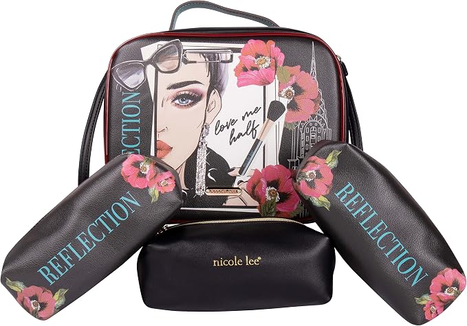 Nicole Lee Travel Handbag Crossbody Set with 3 Fashion Print Makeup Pouches, Women's Cosmetic Toiletry Organizer (Love Me Half) - Image 2