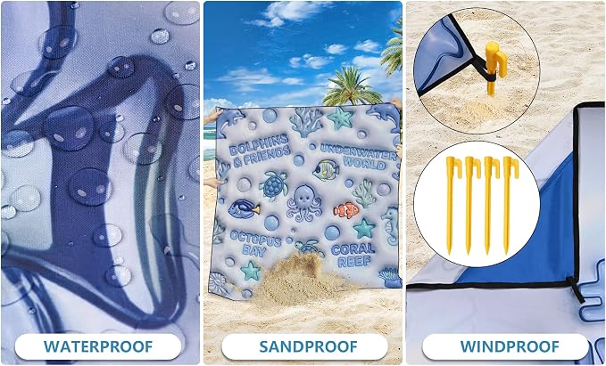 HIHOHO Beach Blanket Waterproof Sandproof Beach Mat 79”x 83” for 1-8 Adults Quick Drying Durable Outdoor Picnic Mat for Beach Festival Travel Camping Hiking (3D Ocean-BL, 79"×83"(4 Person)) - Image 4