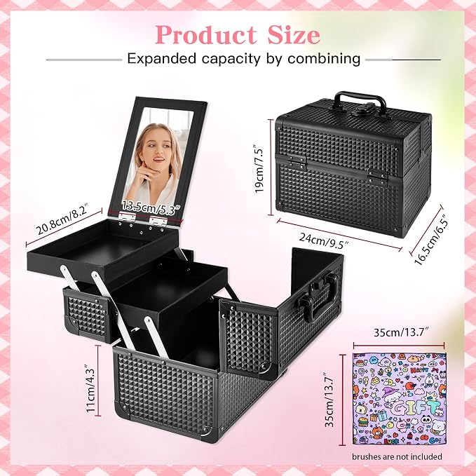 Makeup Train Case, Portable Makeup Case with Mirror, 2-Trays Cosmetic Organizer Case,Nail Polish Organizer, Travel Makeup Box, Profesional for Salon Barber, Black - Image 3