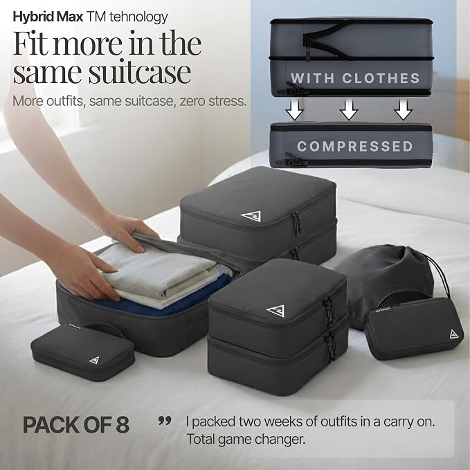 Well Traveled 8 pcs Compression Packing Bags Cubes Set with HybridMax Double-Capacity Design - Packing Cubes for Travel Compression to Maximize Limited Luggage Space, Grey - Image 5
