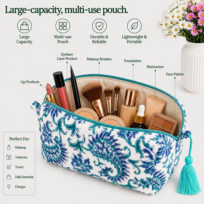 Travel Makeup Bag- Large Capacity Cosmetic Bags for Women - Water Resistance Lining Portable Pouch & Open Toiletry Bag - Perfect Girls Makeup Organizer for Travel Essentials (Velvet Ocean Whisper) - Image 2