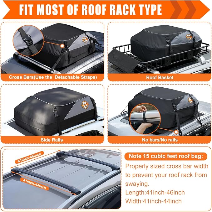 Sailnovo Rooftop Cargo Carrier Roof Bag,15 Cubic feet Soft Waterproof Car Roof Bag fit Cars with/Without Rack, 4 Tie-Down Straps, 4 Door Hooks, Foldable Car Top Carrier for Road Trip Camping Travel - Image 3