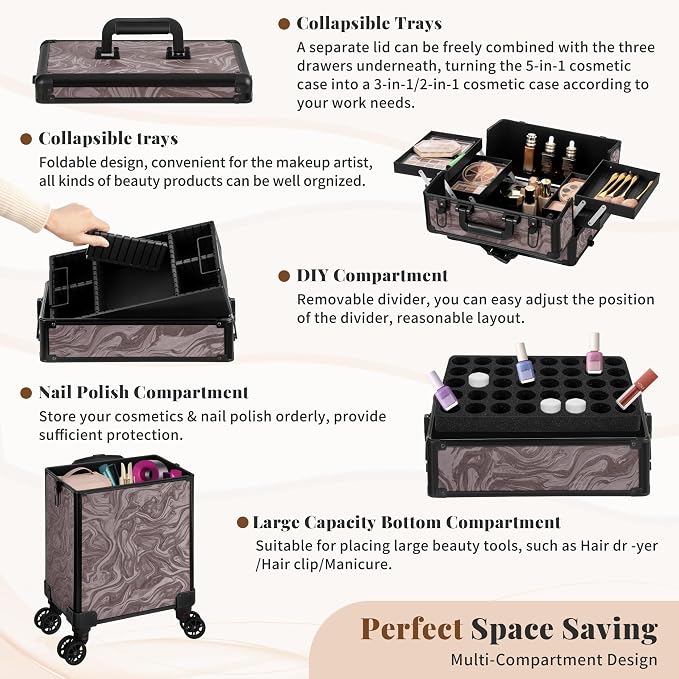 Rolling Makeup Train Case with Lid Cosmetology Case on Wheels | 5 in 1 Large Cosmetic Trolley Organizer Travel for Hairstylist Artist Nail Beauty Salon Barber Cart Trunk, Brown Ink - Image 7