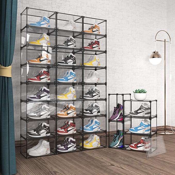Transparent Plastic Storage Clear Shoe Display Case Box Organizer - Magnetic Side Open, 16PC (Black) - Image 9