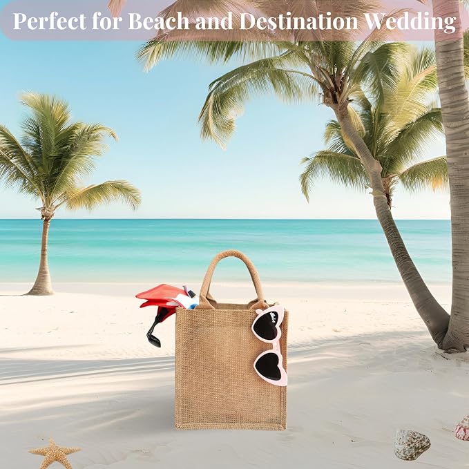 10 Pack Bridesmaid Bachelorette Gift Bags，Bulk Small Burlap Jute Tote for Wedding Welcome Bridal Shower with Pink Ribbon - Image 6
