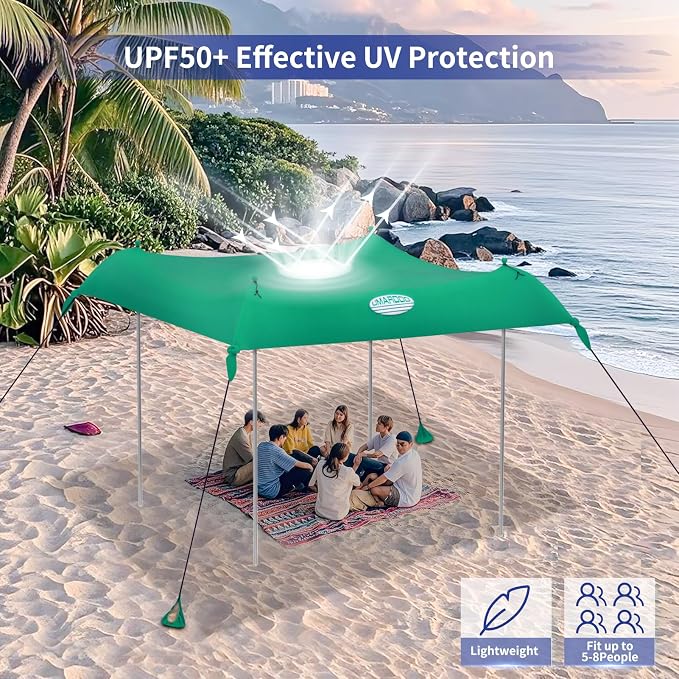 UMARDOO Family Beach Tent Canopy Sun Shade Portable, Large Compact Beach Sun Shelter Easy Setup with Packable Bag for Outdoor Travel (Green, 12X12 FT.) - Image 4