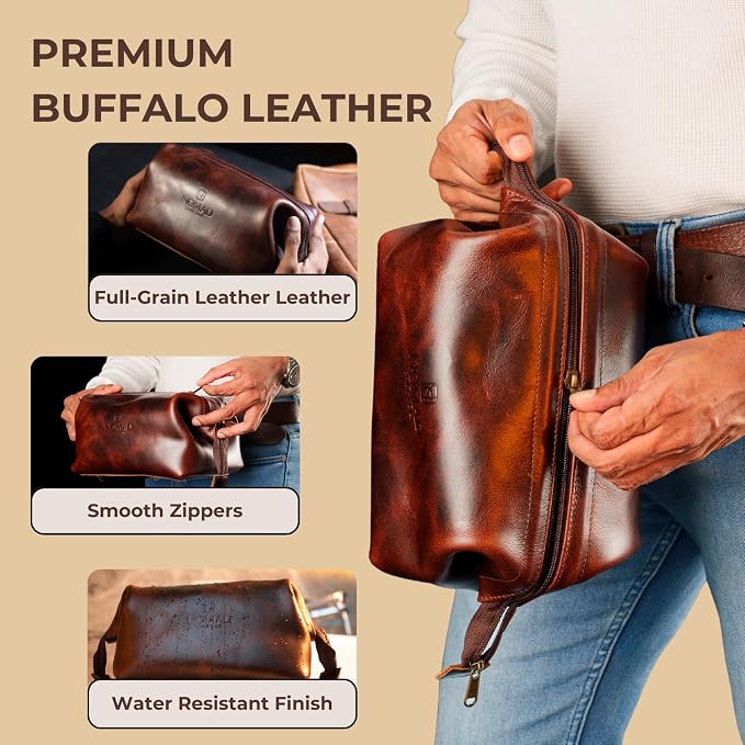 NomadCraftsCo. Premium Leather Travel Toiletry Bag for Men and Women, King-Size Dopp Kit with Waterproof Lining, Mens Toiletry Travel Bag - Image 4