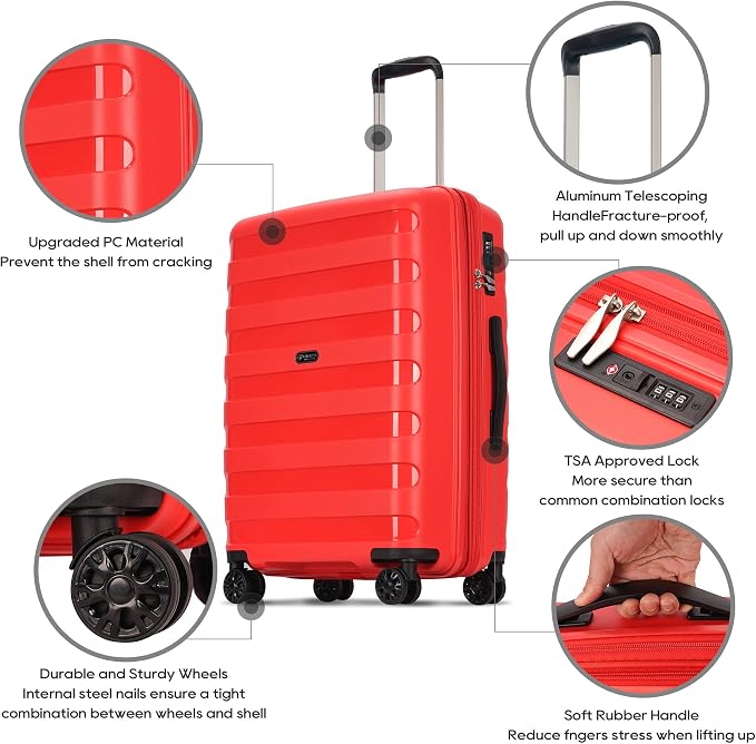 GinzaTravel PP material 3-piece expandable luggage sets with Spinner Wheels， Suitcase with TSA Lock，Large Luggage for Family Travel carry on 20/24/28，Red color - Image 6