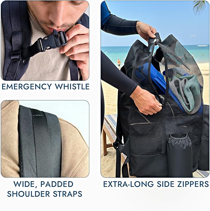 XL Mesh Scuba Diving Backpack, 110L Extra Large Dive Gear Bag with Multiple Pockets, Holds Mask Fins Wetsuit, Multipurpose Snorkeling Bag for Beach Kayaking Travel - Image 5