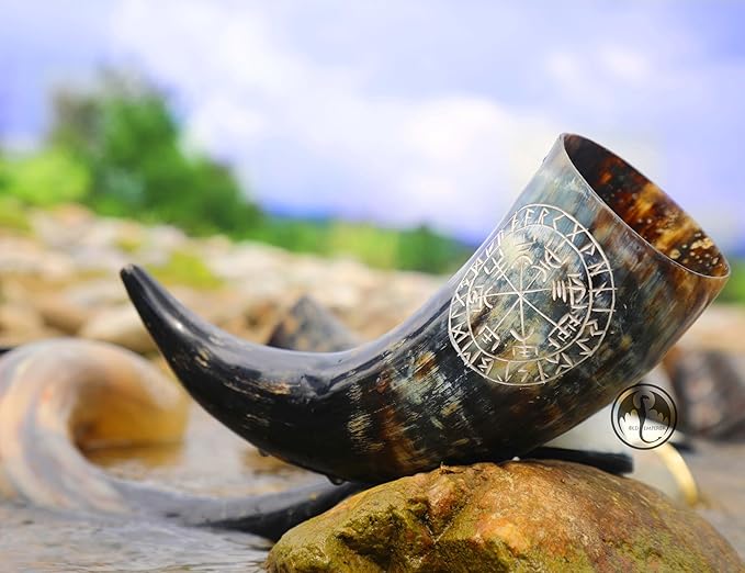 OLDEMPEROR Viking Drinking Horn - 12 Inch with Viking Compass Engraved & Leather Holster | Handmade Beer Cup | Food Grade | Unique Genuine Ox Horn| Natural Shine Finish| Viking Gift for Men & Women