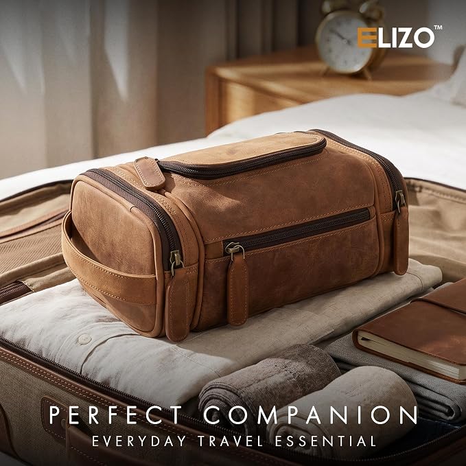 ELIZO Real Leather Toiletry Bag for Men - Small Hanging Travel Organizer for Toiletries, Ideal for Dopp Kit & Shaving Kit for Men, Essential Mens Travel Toiletry Bag for Toiletries (Saddle) - Image 5
