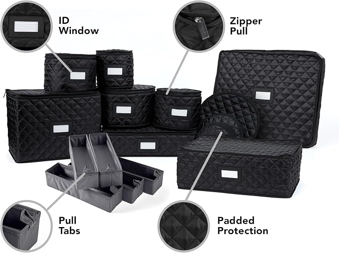 Covermates Keepsakes Dish Storage Set – Padded China & Dinnerware Storage Cases with Dividers, Cup & Stemware Storage, Quilted Polyester Protection, ID Window, Black - Image 2