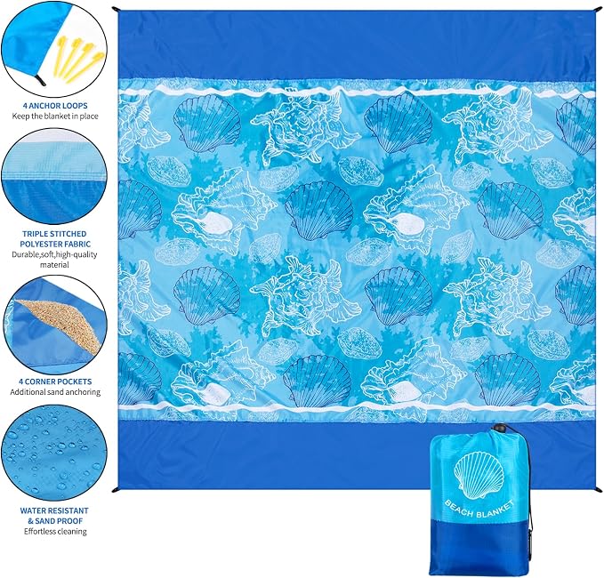 WIWIGO Beach Blanket Sandproof Extra Large Beach Mat Adults Waterproof Quick Drying Sand Free Mat Made by Premium Polyester with 4 Stakes & 4 Corner Pockets for Outdoor Travel Camping Hiking - Image 2