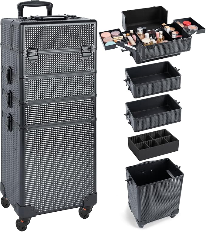 SHOWERSAFE 4 in 1 makeup train case - Professional cosmetology case on wheels, Large Transformable Makeup Train Case & Barber Case, Portable rolling makeup case & Makeup Cart, Jet Black by Safeshower