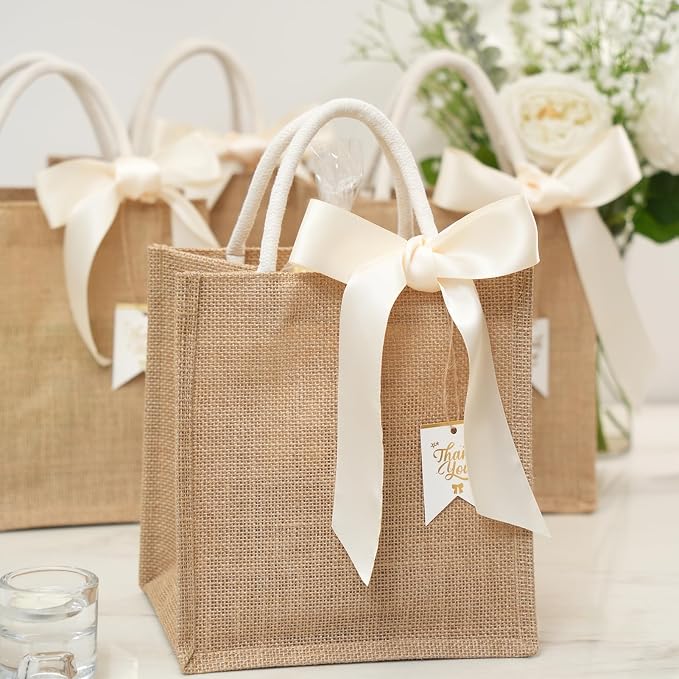 JollyFayre Small Burlap Gift Bags 10 Pack for Wedding Welcome, Bachelorette, Beach, Bridesmaid - Reusable Bulk Jute Bags with Cream Ribbons - Image 3