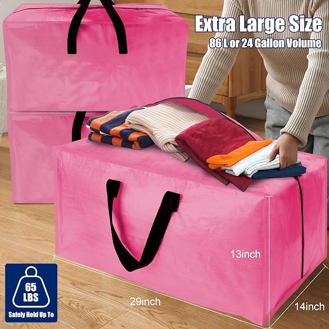 Cosy Family 4 Pack Heavy Duty Extra Large Moving Bags with Backpack Straps - Strong Handles & Zippers, Storage Totes For Space Saving, Fold Flat, Alternative to Moving Box, Pink - Image 6