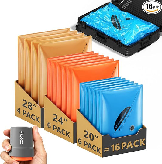 SUOCO 16 Pack Vacuum Seal Bags for Clothing Travel with Wireless Pump, 3 Sizes (20/24/28 Inch) Compression Packing Cubes for Luggage Suitcase by SUOCO
