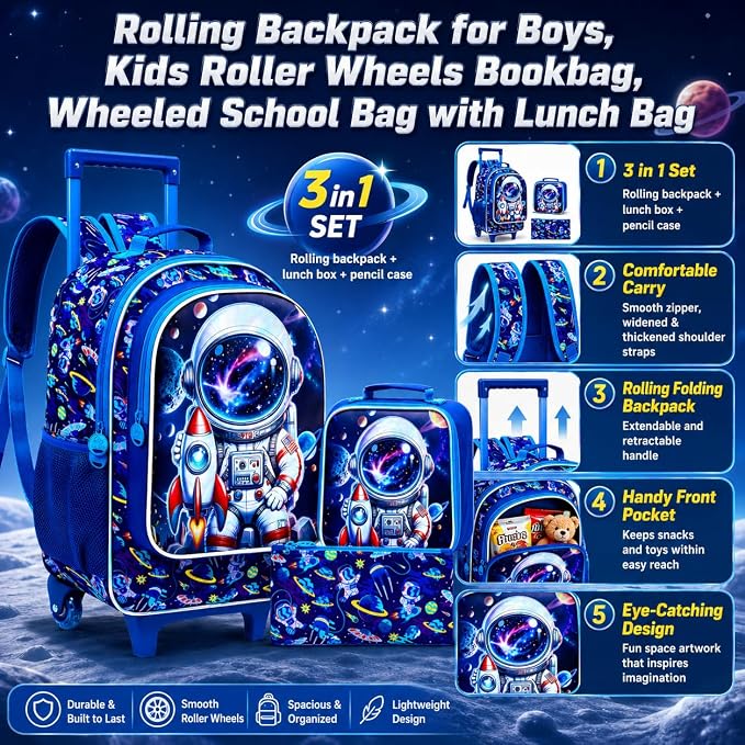 AGSDON 3PCS Rolling Backpack for Girls Boys, Kids Roller Wheels Bookbag, Wheeled School Bag with Lunch Bag - Image 8