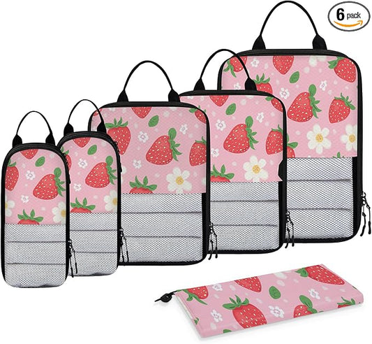 Strawberry Pattern 6 Set Compression Packing Cubes for Travel Luggage Carry On Suitcase Compressible Expandable Packing Cubes Organizers Bag by BICUUZHI