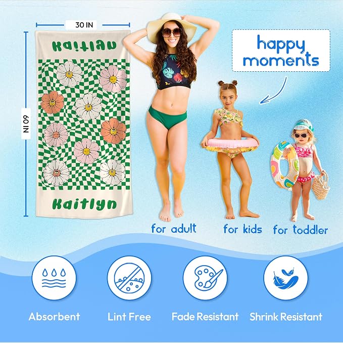 JML Personalized Beach Towel with Name, Custom Flower Beach Towel, Customized Microfiber Pool Towel, Quick Dry & Absorbent Swim Towel for Adult,Mother's Day, Birthday, Summer Holiday,Vacation - Image 3