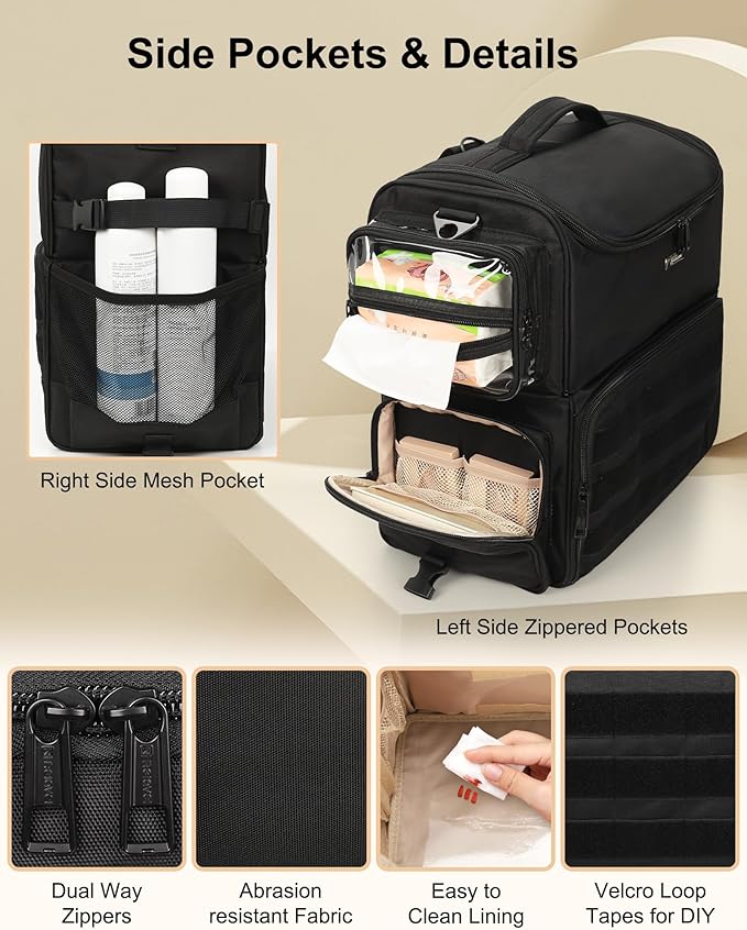 Relavel Rolling Makeup Case, Professional Makeup Artist Set Bag Cosmetic Organizer with 4 Clear Bags & Adjustable Dividers, Large Capacity Travel Train Case, Black - Image 5