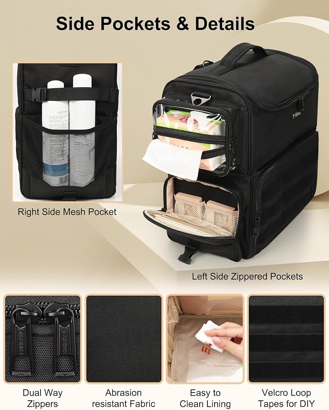 Relavel Rolling Makeup Case Large Makeup Bag with 4 Clear Set Bags, Dual Layer Professional Cosmetic Organizer Travel Train Case Artist Kit with Adjustable Dividers & Easy to Clean Lining, Black - Image 3