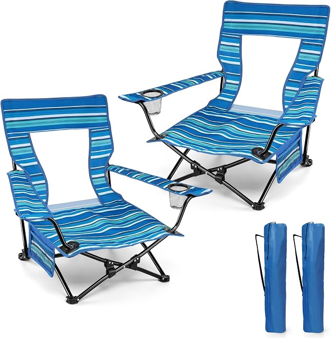 HaSteeL Folding Beach Chair Set of 2, Foldable Striped Camping Chairs for Outside, Low Beach Chair Portable for Adults Fishing, Picnic, Outdoor BBQ, Travel, Sports, Cup Holder & Storage Bag by HaSteeL