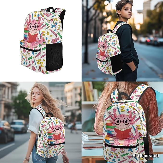 4Pcs Learning Axolotl Backpacks for School Girls Book Cute Backpack and Lunch Box Set Elementary Preschool Kids School Bag with Lunch Box Pencil Case Water Bottle Holder 8-12 - Image 4