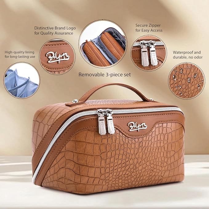 BOYATU Travel Makeup Bag Cosmetic Bags for Women: 3 Pcs Set Large Capacity Make up Bag with Handle - Crocodile Pattern Vegan Leather Toiletry Bags Travel Essentials with Compartments(E-2-Brown) - Image 2