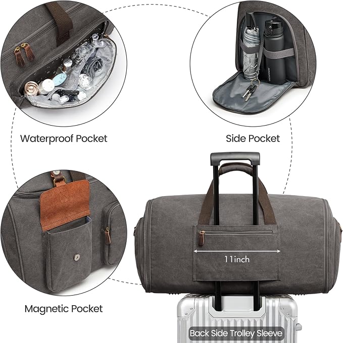 S-ZONE Garment Bags for Travel Canvas Duffle Bags for Men Hanging Suitcase | Individual Toiletry Bag, Multi-Pockets, Carry-on Size, Trolley Sleeve, for Gym or Business - Image 4
