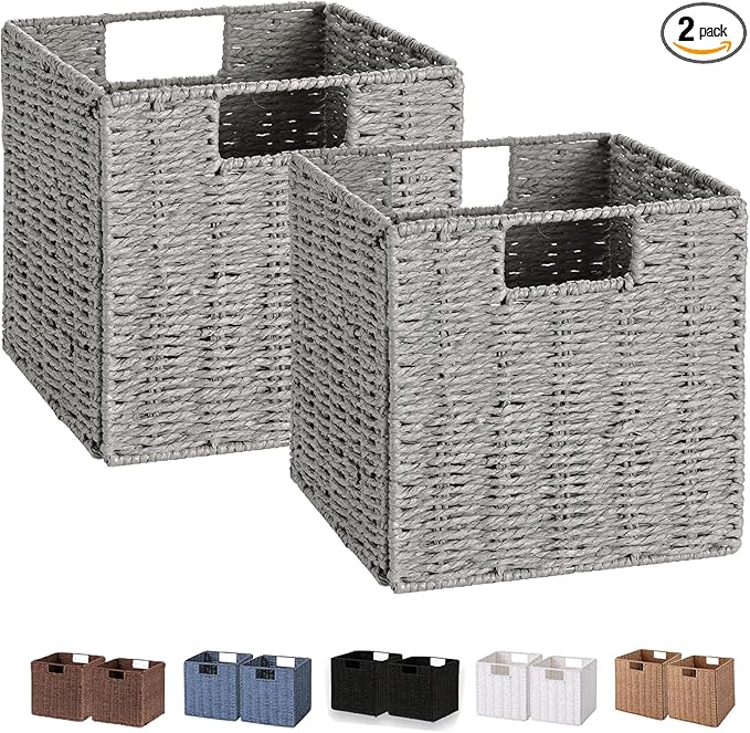Vagusicc Wicker Basket, Set of 2 Hand-Woven Wicker Storage Basket, Foldable 11 inch Cube Storage Bins, Storage Baskets for Organizing Shelves, Closet Organizers and Storage Bins, Gray (11″×11″×11″) by Vagusicc