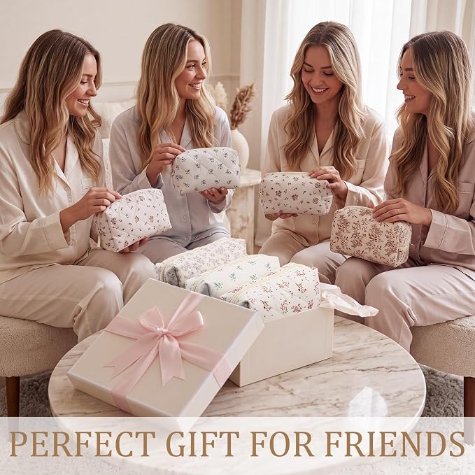 Paterr 10 Pcs Quilted Makeup Bag Bulk Cotton Floral Cosmetic Bag Women Girls Bridesmaid Gifts Cute Makeup Pouch Coquette Aesthetic Travel Toiletry Organizer (Pastel Floral,7.87 x 4.72 x 3.15 Inches) - Image 4