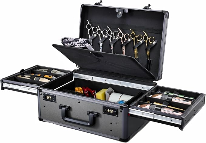 Yueieoun Barber Case with Clippers Sliding Tray, Profesional Barbers Briefcase Tool Case, Travel Barber Cases for Clippers and Supplies, Hair Scissors Trimmer Organizer, Salon Grooming Hard Suitcase by Yueieoun