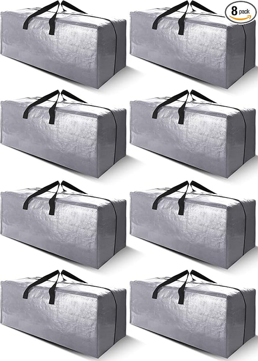 Cosy Family 8 Pack Heavy Duty Extra Large Moving Bags with Backpack Straps - Strong Handles & Zippers, Storage Totes For Space Saving, Fold Flat, Alternative to Moving Box (40 gal, Silver) by Cosy+Family