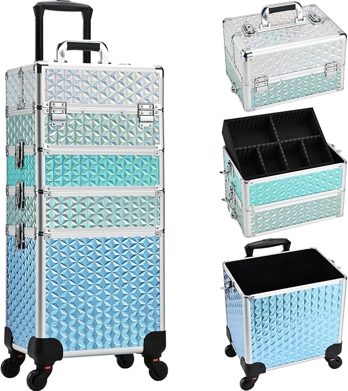 Professional Rolling Makeup Train Case 4 in 1 Aluminum Trolley Case with 360° Rotation Wheels for Makuep Artist Cosmetic Suitcase Organizer with Lock and Key Diamond Pattern - Turquoise by AdazzoRollingMakeupCase
