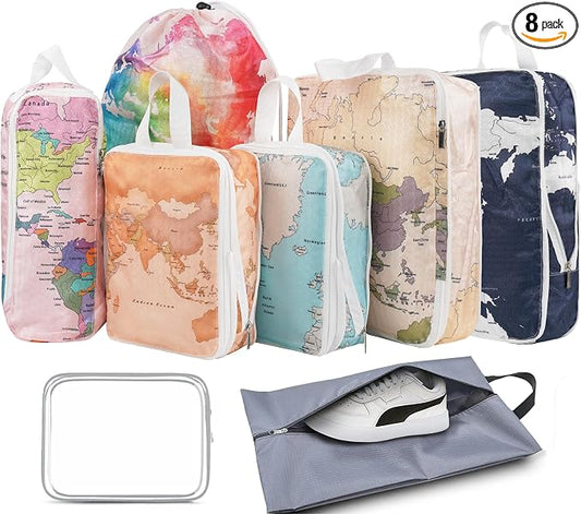 8 Pcs Compression Packing Cubes Travel for Suitcases, Waterproof Luggage Organizer Washable Storage Bags Set for Backpack Travel- Packaging Cubes for Carry-Ons and Storage by Hitanfe