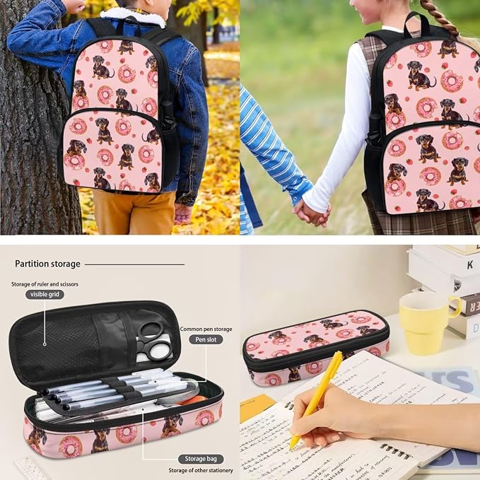 4Piece Kids School Backpack Set Dachshund Dog Backpack Dog Schoolbag Set with Lunch Bag Pencil Case Water Bottle Holder Bag for Boys Girls - Image 4