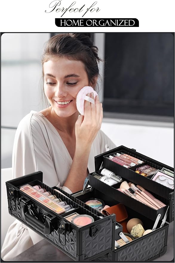 Joligrace Makeup Train Case Professional Cosmetic Organizer Aluminum Storage Box with 4 Adjustable Dividers Trays Lockable Portable with Shoulder Strap - Image 4