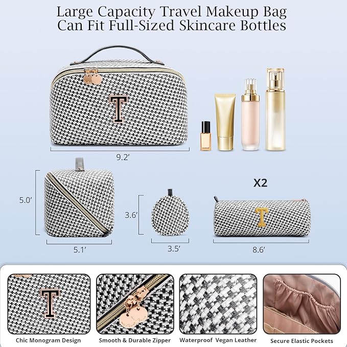 Personalized Gift Travel Makeup Bag: Initial Makeup Organizer Bag for Women | 3-in-1 Custom Make up Bag Set - Vegan Leather Travel Cosmetic Bag - Luxury Gift for Women – Birthday, Anniversary, Graduation - Image 6