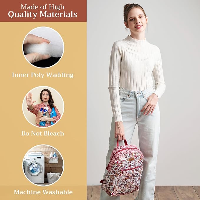 Maison d' Hermine Backpack for Women Men Cotton Shoulder Multipurpose Rucksack with Small Pouch Lightweight Multi Pocket Bag for Travel Work Beach Perfect for Spring Summer (Kerala - Red) - Image 3