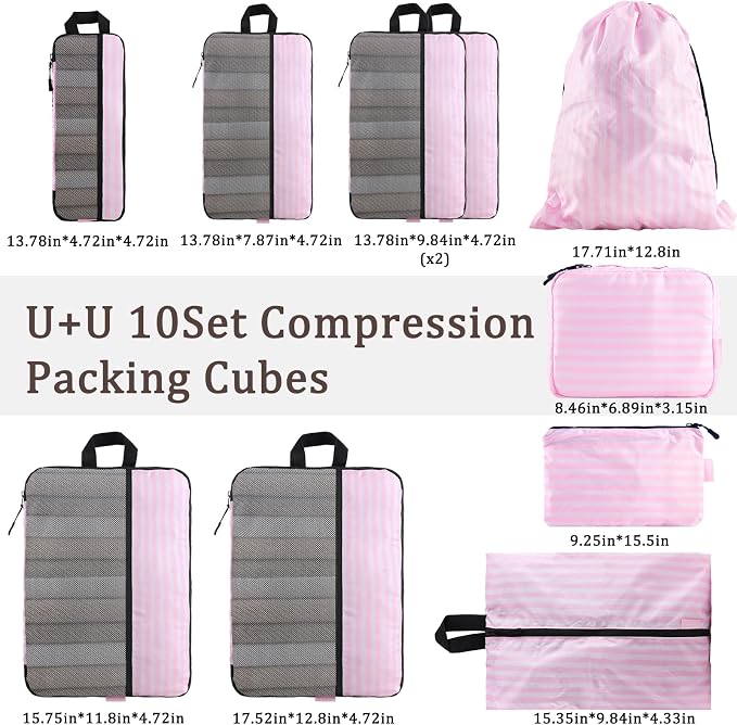 U+U 10 Set Compression Packing Cubes - Ultralight Pink Stripe Travel Organizers with Laundry Bag, Space-Saving Suitcase Organizer, Expandable Packing Cubes for Travel and Family Vacation (Pink Stripe) - Image 6