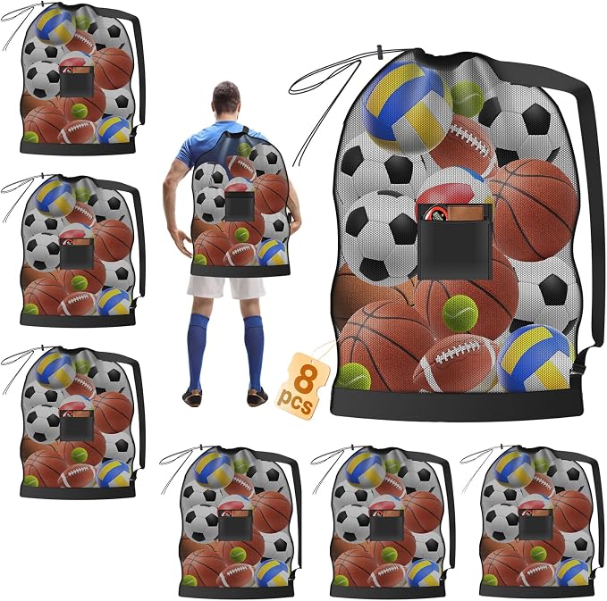 8 Pack Large Mesh Sports Bag,37 Inch Breathable Polyester Mesh Storage Bag with Adjustable Shoulder Strap & Outside Pocket,Foldable Drawstring Bag for Gym, Soccer,Basketball,Laundry,Travel,Camping by ServingEveryFamily