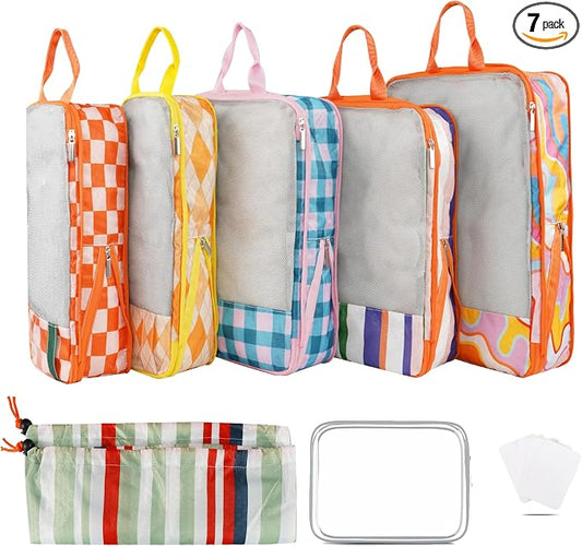 7 Pcs Compression Packing Cubes for Travel Luggage, Lightweight Suitcase Organizer Bags Set, Compression Packaging Cube for Travel Essentials, Packing Cubes for Carry on Suitcase by Xmzsdz