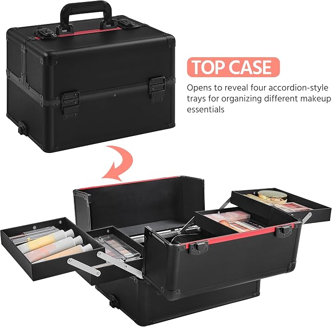 Yaheetech 4 in 1 Rolling Makeup Train Case, Lockable Black Cosmetology Cart | Extra large aluminum-trimmed nail cart with detachable tiers and accordion trays keeping beauty supplies organized on the go - Image 4